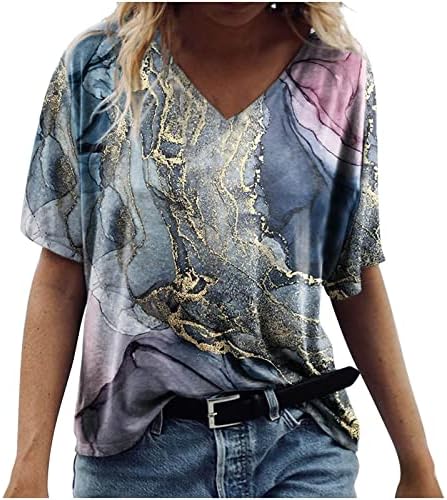 Графична Блуза, Риза за Дами Лято Есен 2023 Облекло Модерен Памучен Тениска с Къс Ръкав V Образно Деколте YN YN