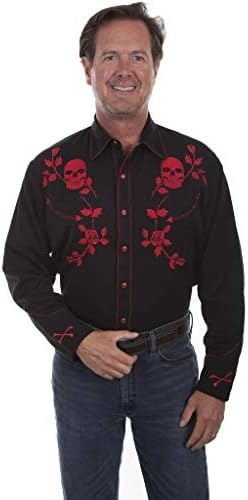 Мъжка риза в стил Уестърн в Ретро стил с бродерия Черепи и Рози в стил Скъли с Дълъг ръкав - P-771 Blk