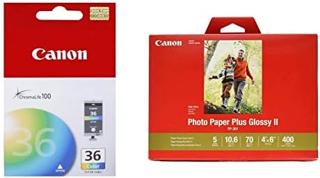 Цвят тъмен резервоар Canon CLI-36, съвместим с принтери mini320, mini260, iP100, iP110 и Ink Photo Paper Plus Glossy II 4 x 6 400-листа (1432C007)