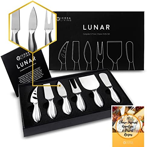 Комплект ножове за сирене ICOSA Living Lunar от 6 теми - Колекция от Ножове За сирене от премиум-клас От неръждаема Стомана - Аксесоари за дъска за табла, Готов подарък с 15 Пра