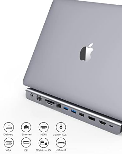 Допълнителна докинг станция USB C с PD мощност 100 W, 4K, HDMI / DisplayPort, VGA, Ethernet, устройство за четене на карти памет, USB 3.0 / 2.0 и Aux адаптер за MacBook Pro -2023 години на освобождаването