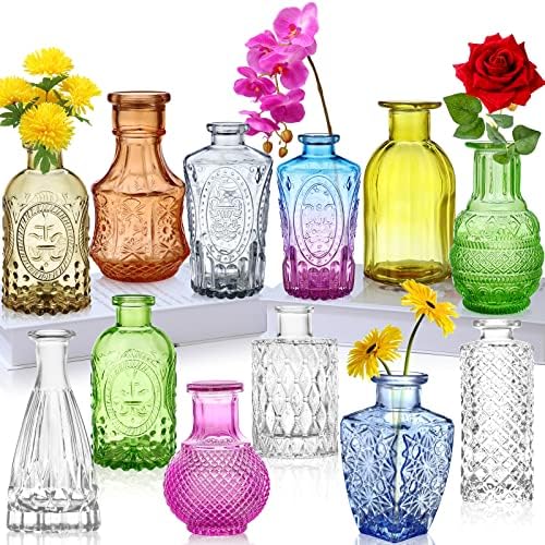 Комплект стъклени Вази за пъпки от 12 парчета, Малки Вази за цветя, Цветни Вази за бутоните на Едро, Мини-Декоративни Вази в