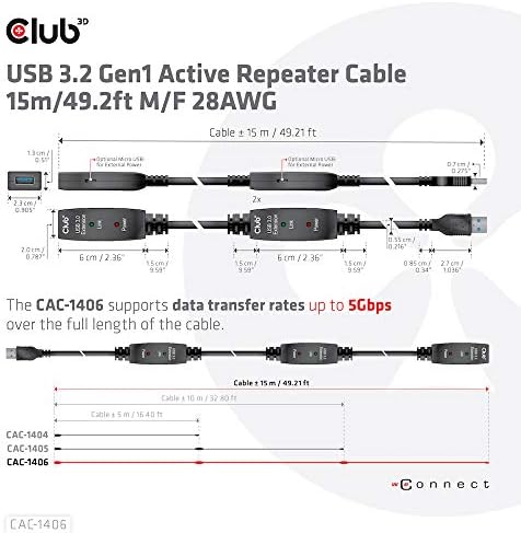 Удлинительный кабел Club 3D USB 3.2 Gen 1 15 метра /49,2 Фута, Активен USB-удължител от мъжете за една жена с 2 Усилватели