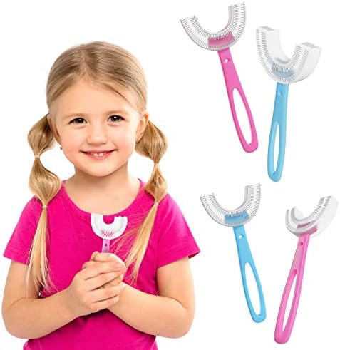 PUREVACY U-Образна четка за Зъби за деца от 2-8 години, Опаковка от 4 Розови, Сини Детски Пасти за зъби U-образна форма, с мека