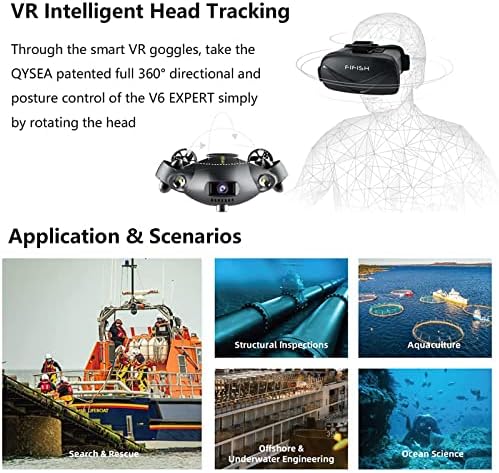 Подводни безпилотни самолети, QYSEA FIFISH V6 Expert M100, Обновен Професионален ROV, с камера за 4K UHD, VR-проследяване на главата, led 6000lm, кабел с дължина 100 м, калъф от ЕНП, всенапра?