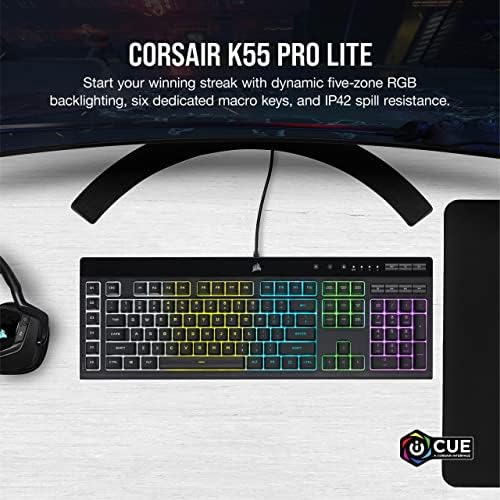 Жичен мембранная детска клавиатура Corsair k55 опция PRO LITE RGB (5-зонная динамично RGB осветление, шест макроклавиш с интегрирането на Stream Deck, защита от прах и разливи IP42, спе