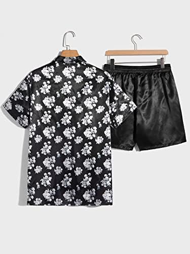 NIBHZ Облекло от две части за мъже, Мъжка Риза и шорти с флорални принтом (Цвят: черно-бял, Размер: Голям)