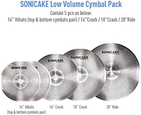 Комплект чинии SONICAKE с ниски нива на силата на звука, Набор от тихите чинии 14 'hi-hat + 16 crash + 18 'crash + 20ride,