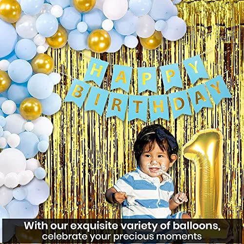 Големи украса за парти за Първия рожден ден - 28 бр. Сини и златни балони за декорация рожден Ден | Син Банер честит Рожден Ден | на Топка със златен номер | Завеса с рес?