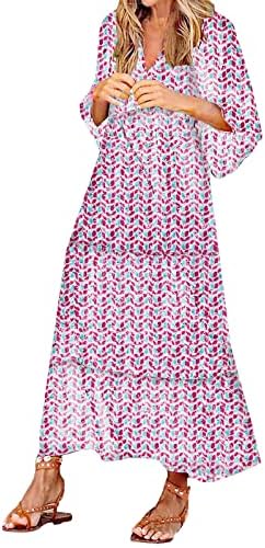 Жена Лятно Ежедневното Макси рокля в стил Бохо С Флорални Принтом, V-образно деколте, с Пищните Ръкави, Плажен