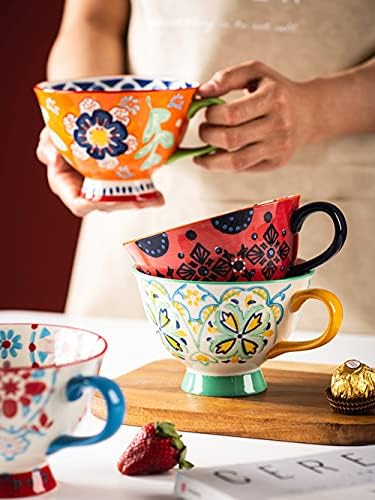 Bicuzat Ръчно Рисувани с Цветен Модел, Керамична Чаша с Голям Капацитет за Кафе, Голяма Чаша за Чай, Мляко, зърнени