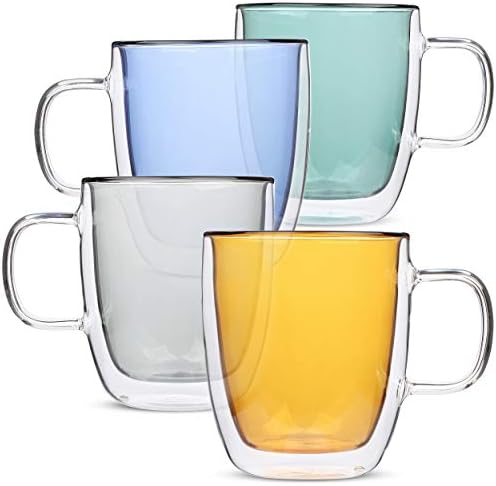 Чаши за кафе от матирано стъкло с двойни стени, Комплект от 4 броя (16 мл, 500 мл), Различни цветове, Цветни чаши