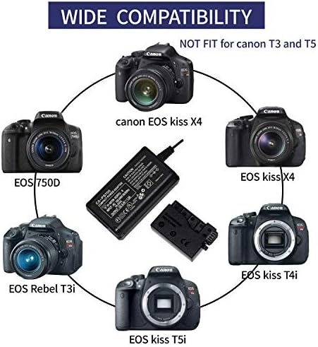 Комплект адаптери на захранване ac адаптер ACK-E8, зарядно устройство за свързване на dc DR-E8 (смяна на батерията LP-E8) Съвместим с камери Canon EOS Rebel T5i T4i T3i T2i Kiss X6 Kiss Kiss X5 X4 700D 6