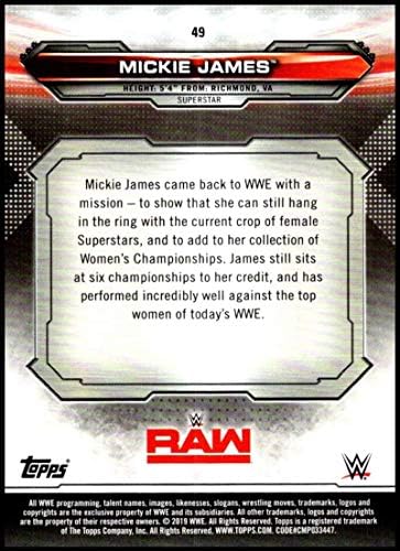 Търговската картичка рестлинга Мики Джеймс 2019 Topps WWE Raw 49