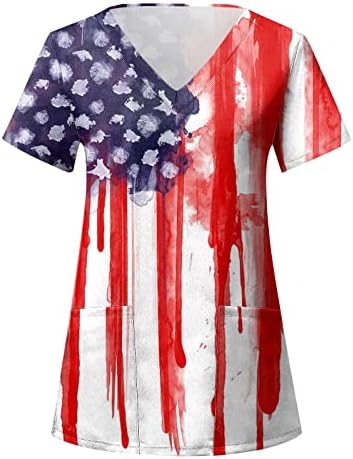 Дамска Блуза на 4 юли с Флага на САЩ, Лятна Тениска с Къс Ръкав и V-образно деколте и 2 Джобове, Блузи, Празнична
