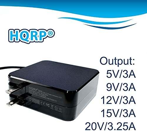 Адаптер за променлив ток HQRP USB-C, Компактен Джобно бързо зарядно устройство PD/QC 3.0 Type-C USB захранващ Кабел Черен Кабел (15 W 27 W 45 W 65 W 5 В 9, В 12 и В 15 В 20 В 3A 3,25 A) Плюс адаптер HQ