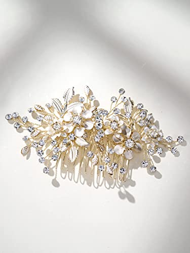SWEETV Сватбена гребен за коса с кристали, аксесоари за коса за младоженци, щипки за коса ръчна изработка за младоженци, златни