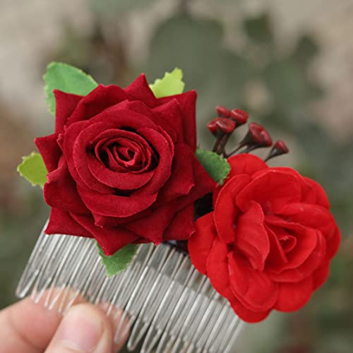 Фансен Сватбен Гребен за Коса с Цвете от Червени Рози Карнавалните шапки, Аксесоари за Коса за Моделиране и Снимки