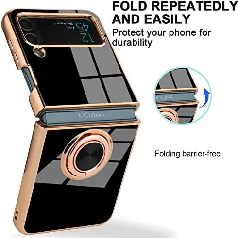ZIYE Съвместим Черен Калъф за Samsung Galaxy Z Flip 4 за Жени и Мъже, със Златно покритие, Въртящ се на 360 °, Магнитен Пръстен, Държач, Поставка, Меки ръбове от TPU, устойчив на удари