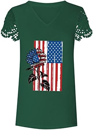 Тениска с V Образно деколте за Жени, Летни Блузи с Къс Ръкав, Ризи 4 Юли, Американското Знаме, Леопардовая