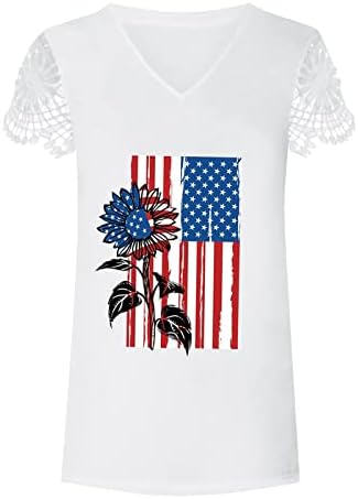 Тениска с V Образно деколте за Жени, Летни Блузи с Къс Ръкав, Ризи 4 Юли, Американското Знаме, Леопардовая Свободна