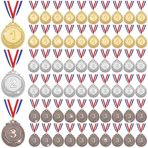 63 Парчета от Златни, Сребърни, Бронзови сертификати за премия медали, Метални сертификати за премия медала от шията панделка, 1-ва, 2-ра, 3-та Награда-Медал за деца, въз