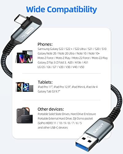 Автоматичен кабел SUNGUY USB C за Android 1,5 метра, Трансфер на данни по USB-кабел 10 gbps с USB C 3,1 поколение 2 на USB-кабел, Бързо зареждане под прав ъгъл с USB към USB C 3A за кола за Samsung Gal