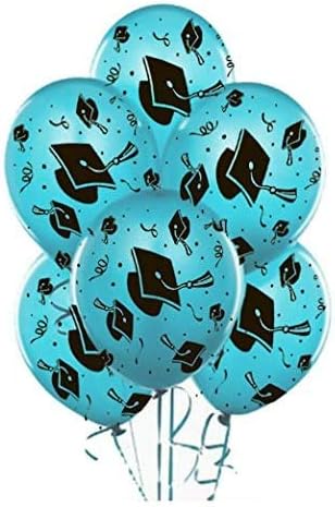 Балони за Бала PMU 11 Инча PartyTex Премия Тюркоаз с Принтом По цялата повърхност, Черни Градусные Шапки-Конфети и Серпентини