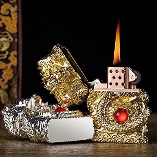 Запалки с Дърворезба Дракон Реколта Запалка за Еднократна Употреба Антични Керосин за Опесъчаване Кръгова Запалка за Подарък-Подарък-Колекция-Декоративна. (Сребр