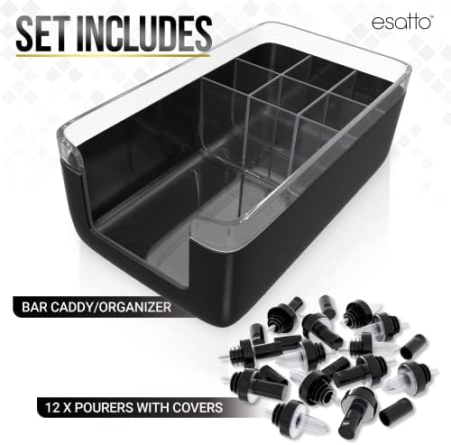 Бар стойка за маса Esatto Professional Bar Products Premium Bar Caddy (черна), която да се използва за удобна организация на бара и работно място, с допълнителни 12 дюзи за прецизно дозиране