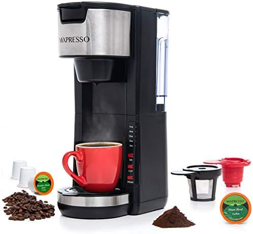 Кафемашина за приготвяне на кафе Mixpresso на една порция 2 в 1, Съвместима с K-Cup Шушулките и прясно смляно кафе, Компактна кафемашина за приготвяне на кафе на една порция