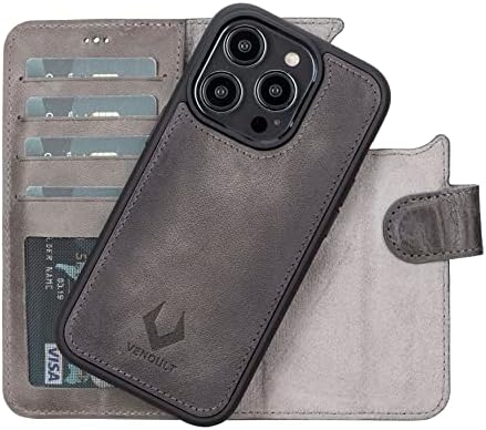 VENOULT Пясъчно-сиво чанта-портфейл за iPhone 14 Pro MAX 6,7 от естествена кожа, Луксозна панти калъф с магнитна закопчалка,