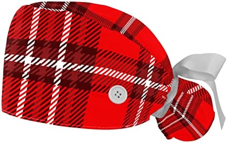 2 Опаковане на Работни шапки за еднократна употреба с Копчета, Червени Шотландски Каре Начесанные Шапки-Скраб