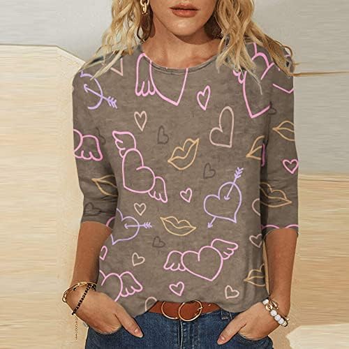 Дамска Риза С 3/4 ръкав, Хубава Графика Тениска, Блуза, Ежедневна Туника, Върхове с Кръгло деколте и Принтом на Сърцето,