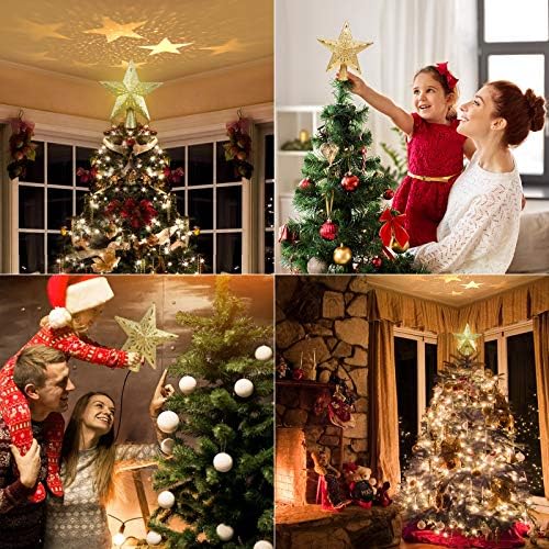 Украсени с Кристали Topper за Коледната елха с Топъл Бял Звездна прожектор, 3D Блестящ Topper за Коледната Елха с Куха