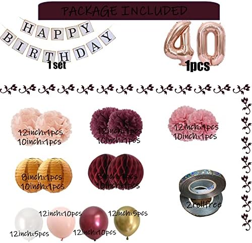 Украса на 40–тия рожден ден на жените -Честит 40 Birthday в цвят Бордовое Розово злато за жени с Различни книжни фенерчета, цветя, балони (Бордо + розова роза))