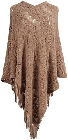 Жените на Средна Дължина Плетене на една Кука Кухи Неправилна Форма Пуловер С Пискюли Пуловер Наметало Шал Вязаное