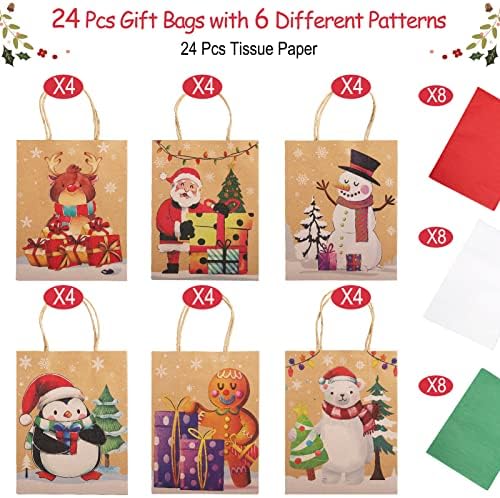 24шт Коледни Хартиени Подаръчни пакети с Цигарена хартия, Обемна Крафт хартиени торбички с дръжка, Вечерни