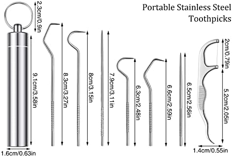 WSICSE Джобни клечки за Зъби от Неръждаема Стомана, Комплект от 7 бр., за Многократна употреба Метални клечки за Зъби