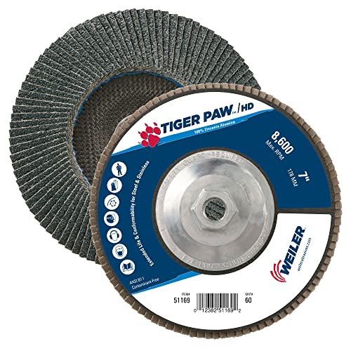 Абразивен диск на Weiler 51169 Тигър Paw XHD на Ултра-висока плътност, плосък тип 27, Фенольная основа, цирконий, с диаметър 7 см, 5/8-11 мм, размер на 60, 8600 об/мин, Направено в САЩ (о