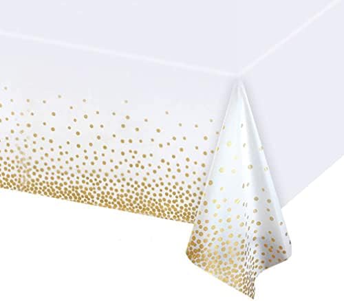 Reloger 4 опаковки Бели Найлонови Покривки в златни Грах Покривки за Еднократна употреба Пластмасова Покривка на Бели Покривки Пластмасово Покритие на масата Хартиен