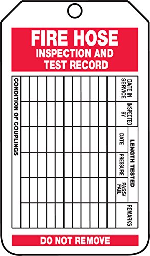 Accuform TRS227CTM PF-Етикет за пожарогасител от картон с надпис Протокол за оглед и тест на пожарникар маркуч, дължина 5,75