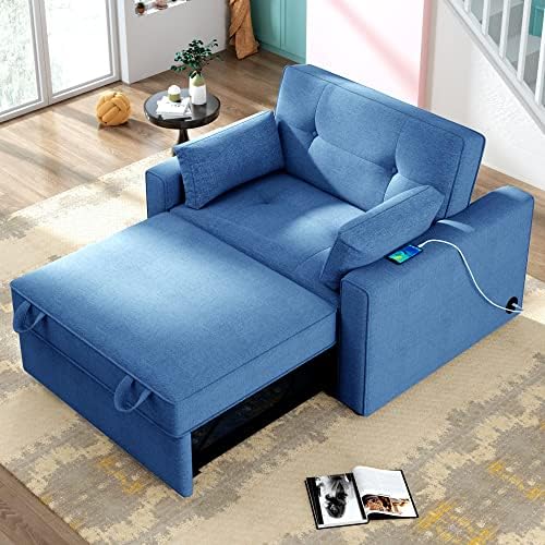 Merax 48-Инчов Сгъваемо легло, Мултифункционален Регулируем диван-стол с Два USB-порта и 2 Възглавници, Blue_Linen