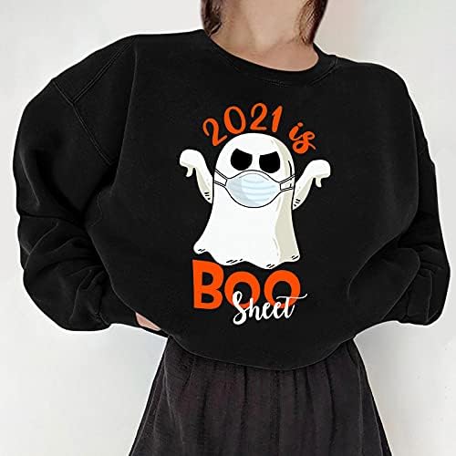 Дамски пуловери с приятен графичен принтом, потници с надпис Boo Sheet, свободна hoody голям размер с дълъг ръкав