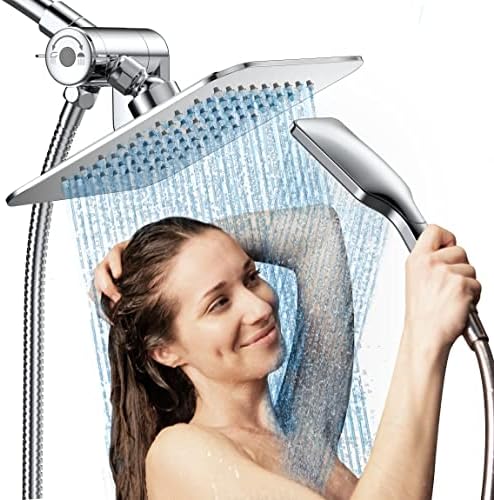 Накрайник за душ Shawilk с ръчна, 6 'дъждовна дюза с високо налягане, Двоен Квадрат Накрайник за душ Комбинирана с 3 Настройки за пръскане, 5-крак маркуч за душ, защита от ?