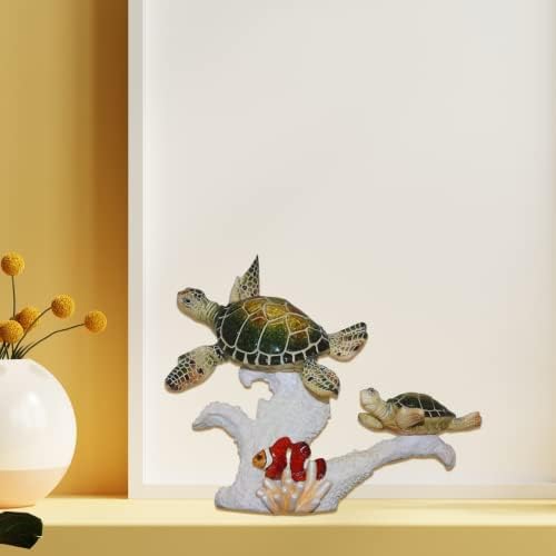 Статуетка на Comfy Hour 8 от полирезина с две морски костенурки и Рибки в коралле за декорация на дома, Многоцветен,