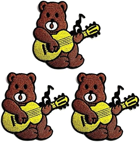 Салфетки Плюс 3шт. Прекрасен мечка с жълтата ukulele карикатура кръпка мечка стикер занаят петна САМ апликация бродирани шиене на желязо в нашивка емблема костюм обле?