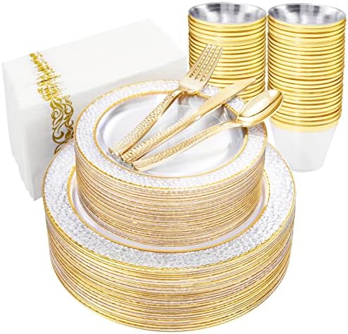 PULOTE 350 бр. прозрачни златни чинии и пластмасови чинии от прозрачно злато - Включват 50 места за хранене чинии, 50 маруля