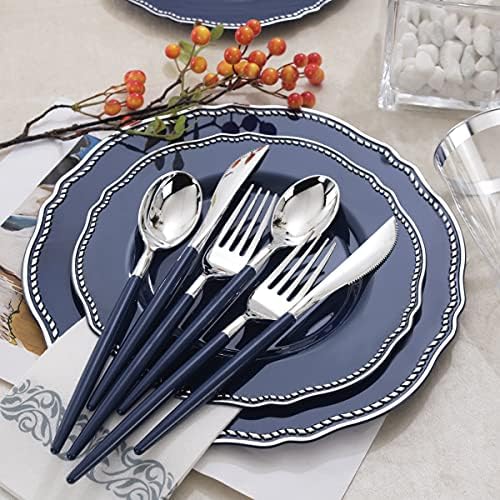 Hioasis 175 бр. Сини Пластмасови чинии и Сребърни Пластмасови прибори за хранене със синя дръжка включва 25 места за хранене чинии, 25 десертни чинии, 25 ножове, 25 вилици, 25 л