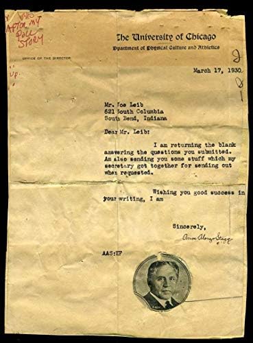 Амос Алонзо Стэгг, Psa Dna Coa, Подписано Автограф Писмо от университета в Чикаго 1930 г. - Надписи, Издълбани от колеж
